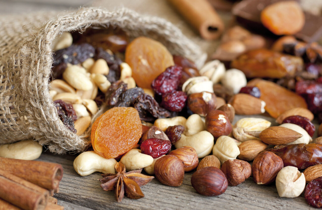 Nuts and dried fruits mixed assortment of delicacies